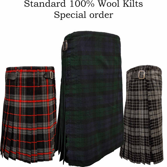 Classic 100% wool kilt featuring a vibrant tartan design, perfect for special orders and traditional attire.