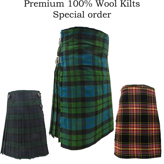 Elegant premium wool kilt featuring a classic tartan pattern, perfect for formal events and special orders.