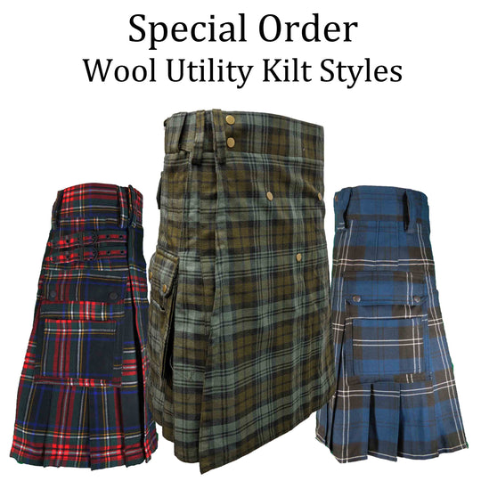 Display of unique wool utility kilts in different styles, highlighting their versatility and quality for special orders.