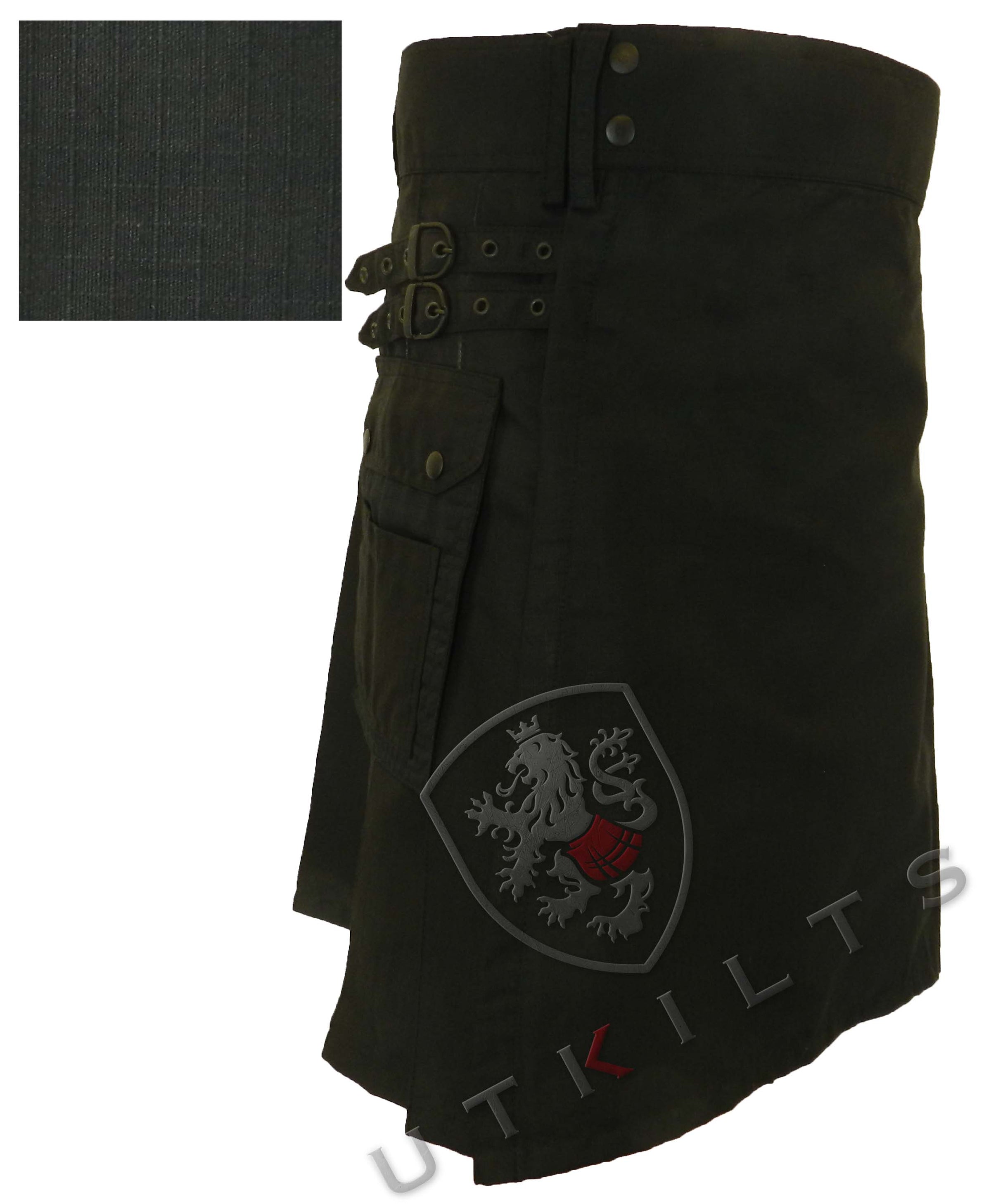 A black utility kilt crafted from ripstop material.