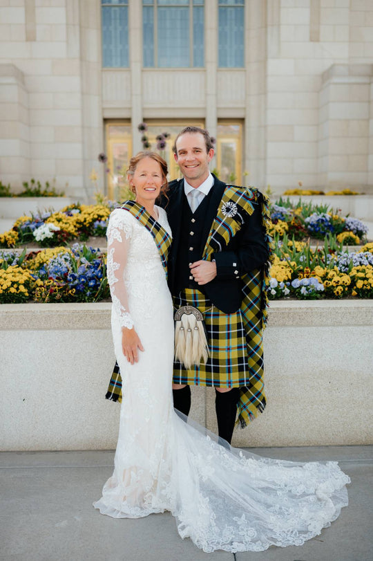 CLEARANCE! Made in Scotland 7 Yard Traditional Tartan Kilt  - Cornish National, fly plaid & sash 34x23