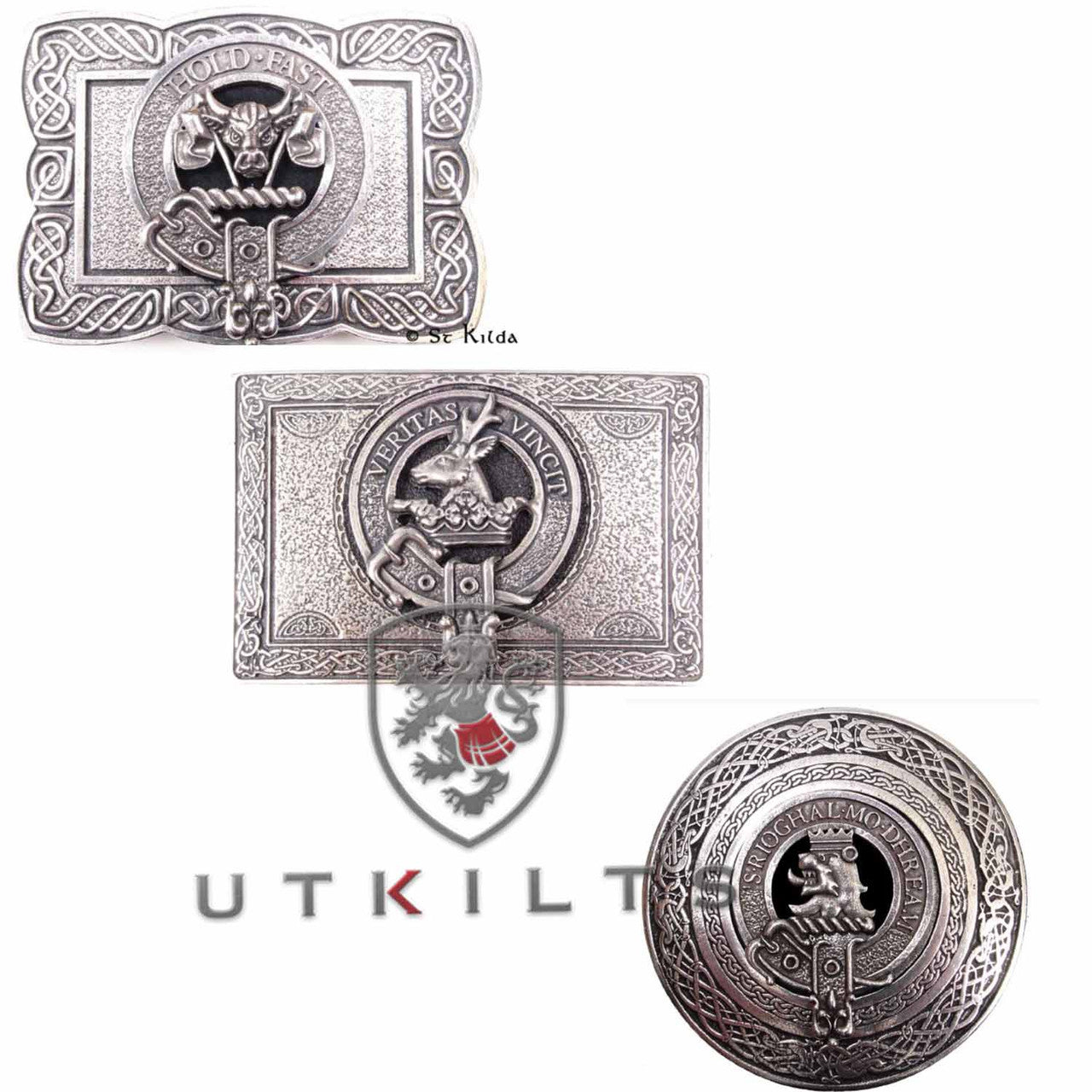 A collection of three unique belt buckles highlighting diverse artistic interpretations.