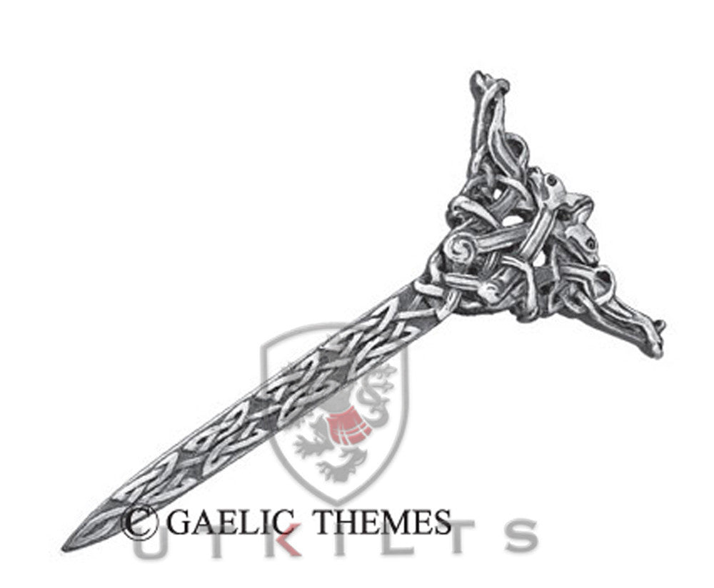 An intricately designed Celtic sword paired with a premium antiqued silver kilt pin showcasing interlaced beasts from the Book of Kells.