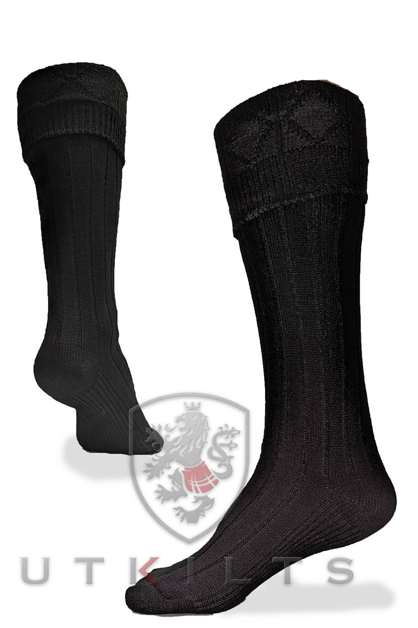 Black kilt hose socks adorned with the Ut Kilts logo