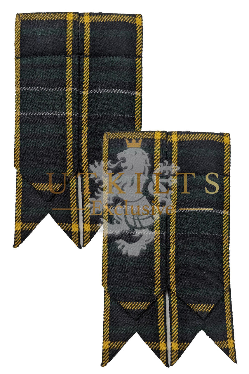 A pair of green and yellow tartan plaid ties, showcasing the design of Irish Black Wool Tartan Kilt Hose Flashes.