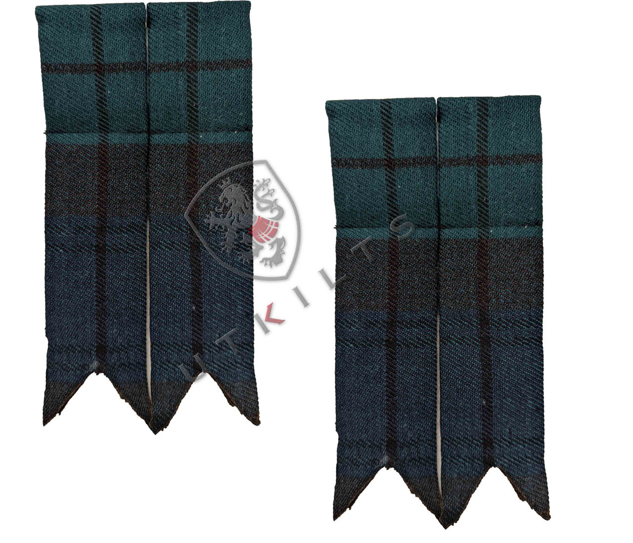 Two pairs of tartan plaid socks featuring black and green stripes, designed as Black Watch Polyviscose Kilt Hose Flashes.