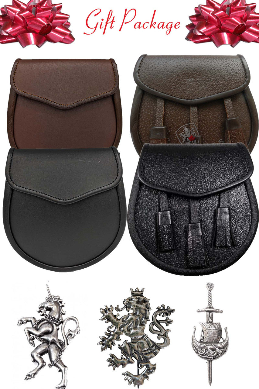 A collection of gift packages featuring a leather bag, leather belt, and a leather belt buckle elegantly arranged.
