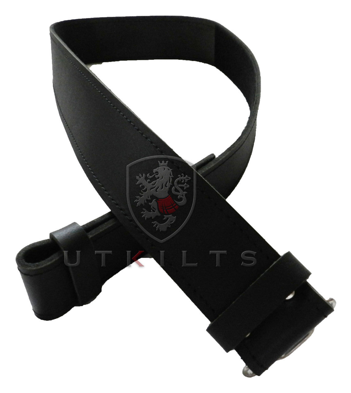 A smooth finish black leather kilt belt featuring a metal buckle, showcasing elegance and durability in design.