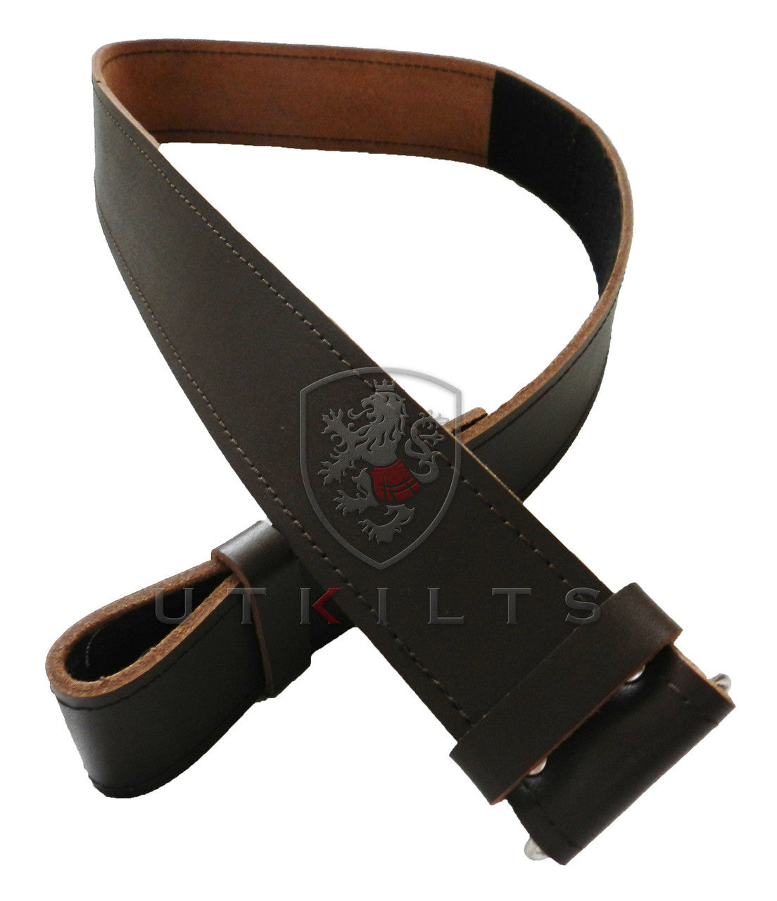 A sleek Brown leather kilt belt with a smooth finish and a stylish buckle positioned at the front.