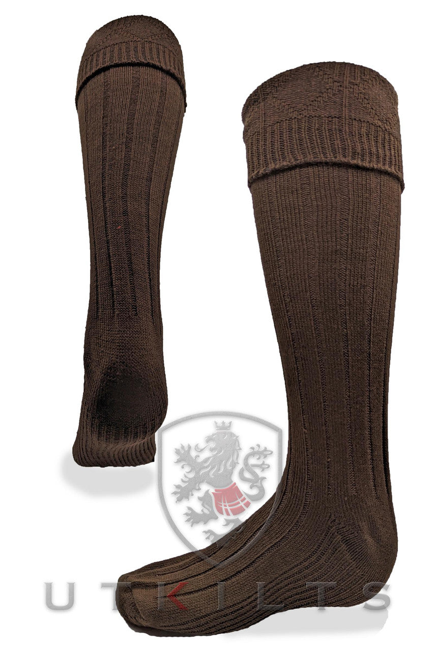 A pair of Dark Brown Kilt Hose socks featuring the logo of UT Logo