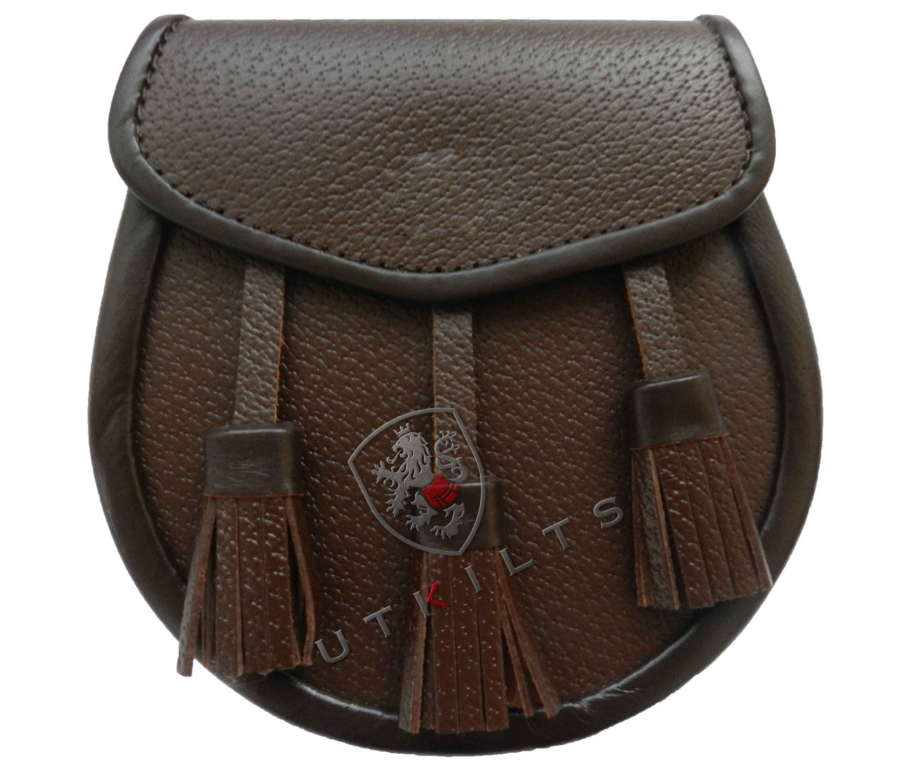 A brown leather belt pouch with tassels, featuring a sleek black design for a stylish and functional accessory.