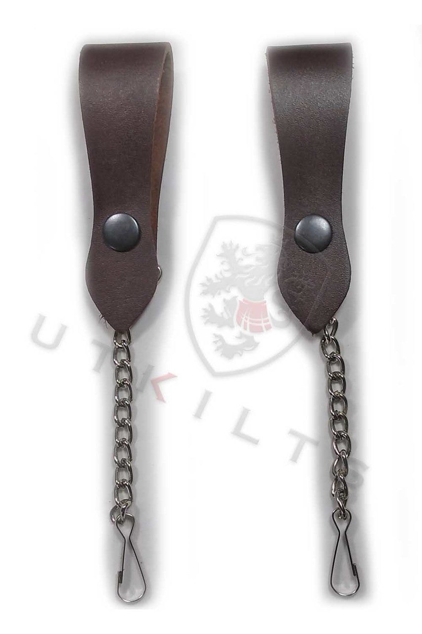 Two black leather straps featuring metal hooks, designed for secure fastening and durability.