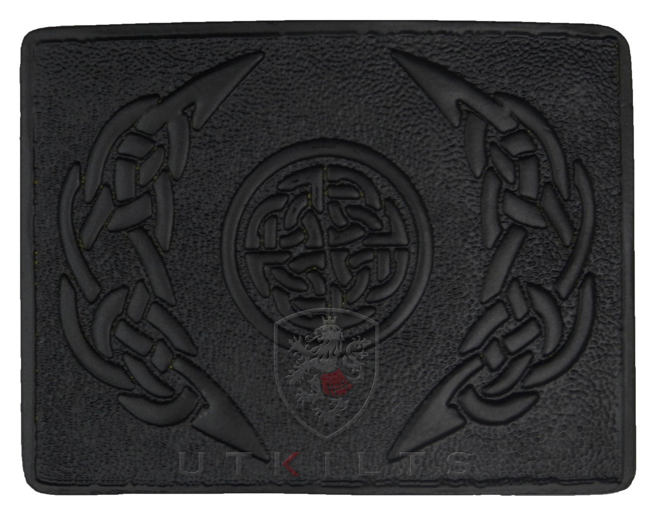  A black leather wallet featuring an intricate Celtic design, showcasing elegance and craftsmanship in its detailed patterns.