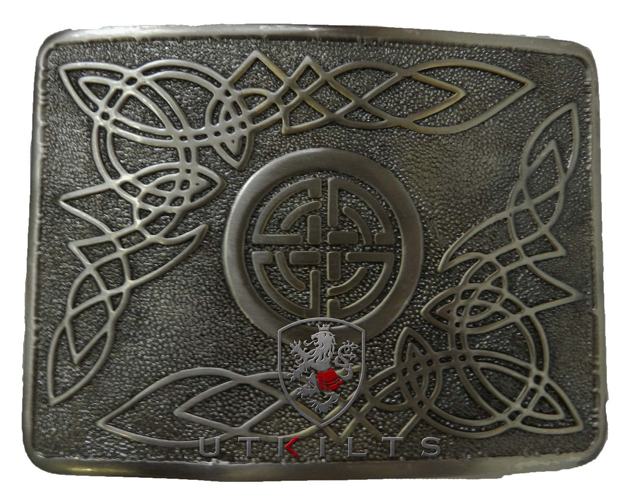 A 28 antiqued black belt buckle adorned with a detailed Celtic pattern, reflecting traditional artistry and style.