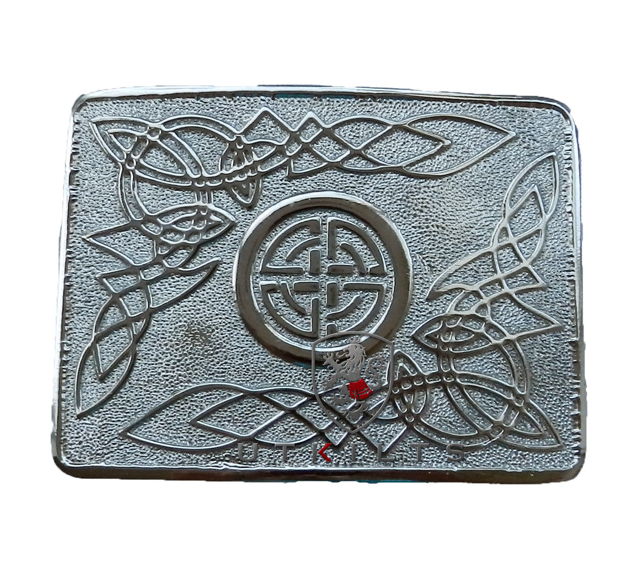 A silver metal box featuring an intricate Celtic design, labeled as a 28 Chrome Belt Buckle.