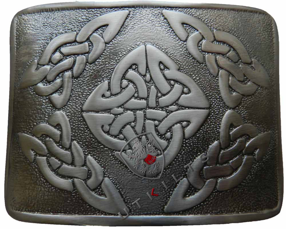 A detailed Celtic design on an antiqued black leather belt buckle, showcasing intricate patterns and craftsmanship.