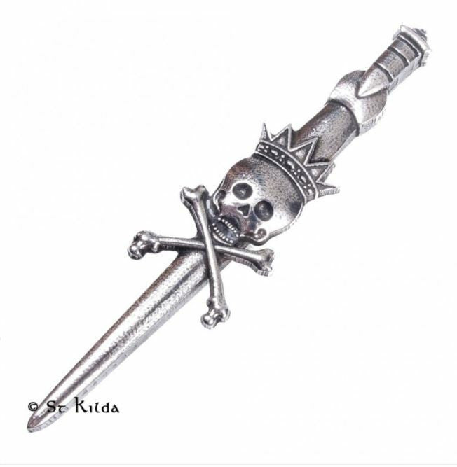 A silver dagger with a skull and crossbones, representing the Premium King Death Kilt Pin.