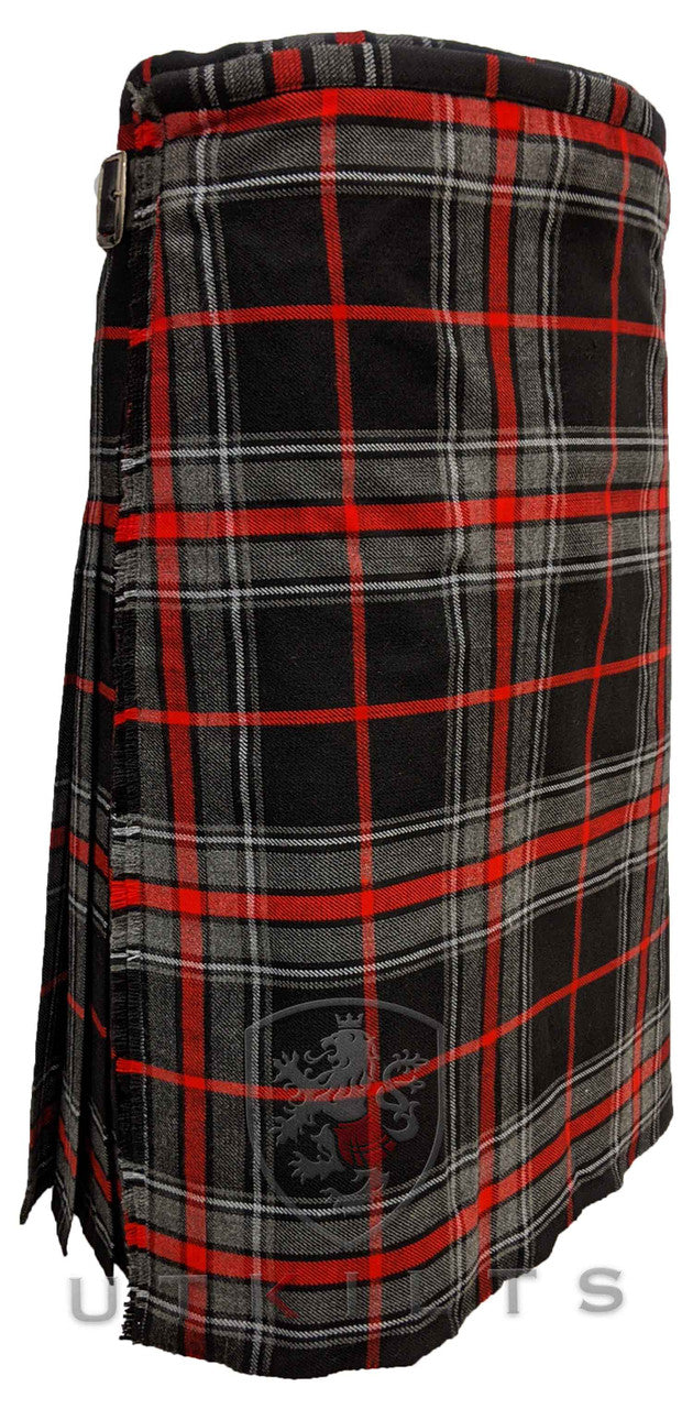 A traditional black and red tartan kilt made of 16oz wool, adorned with a vibrant red and white check pattern.
