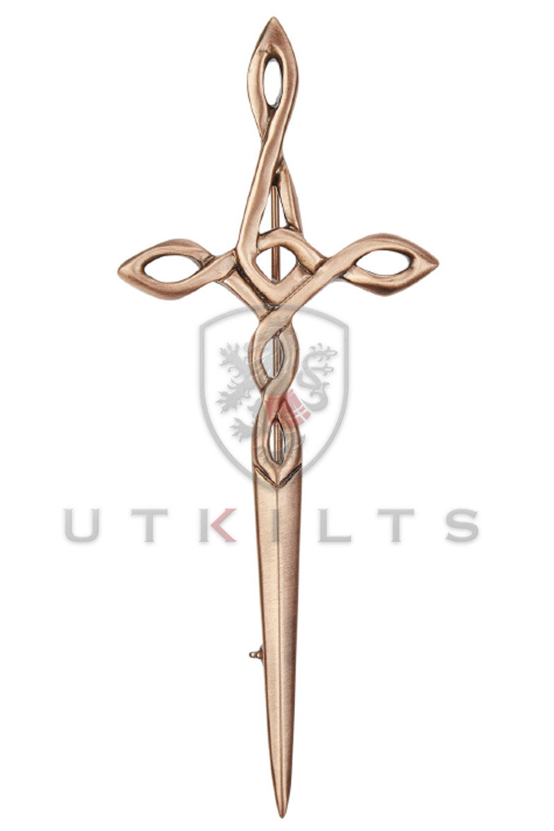 A Celtic cross pendant with intricate knot work and a sword, crafted in premium copper finish, perfect for kilt accessories.
