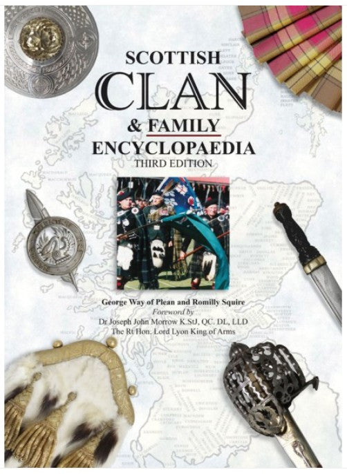 Cover of the Scottish Clan & Family Encyclopaedia, 3rd Edition, featuring intricate clan designs and family lineage information.