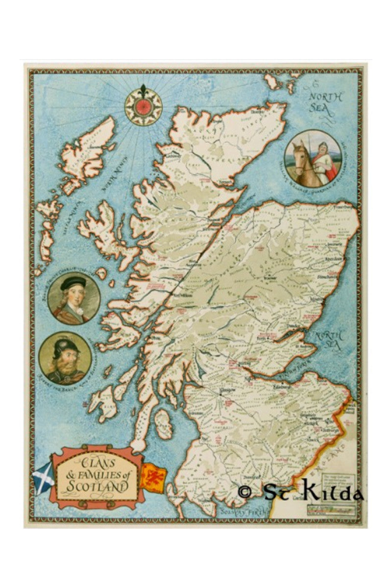 A map of Scotland showcasing the names of its monarchs, enriched with details about the clans and families of the area.