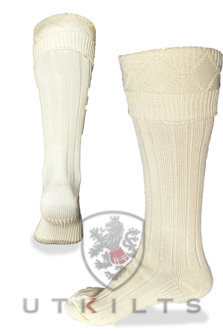 Cream/Off White Kilt Hose socks adorned with the Ut Kilts logo