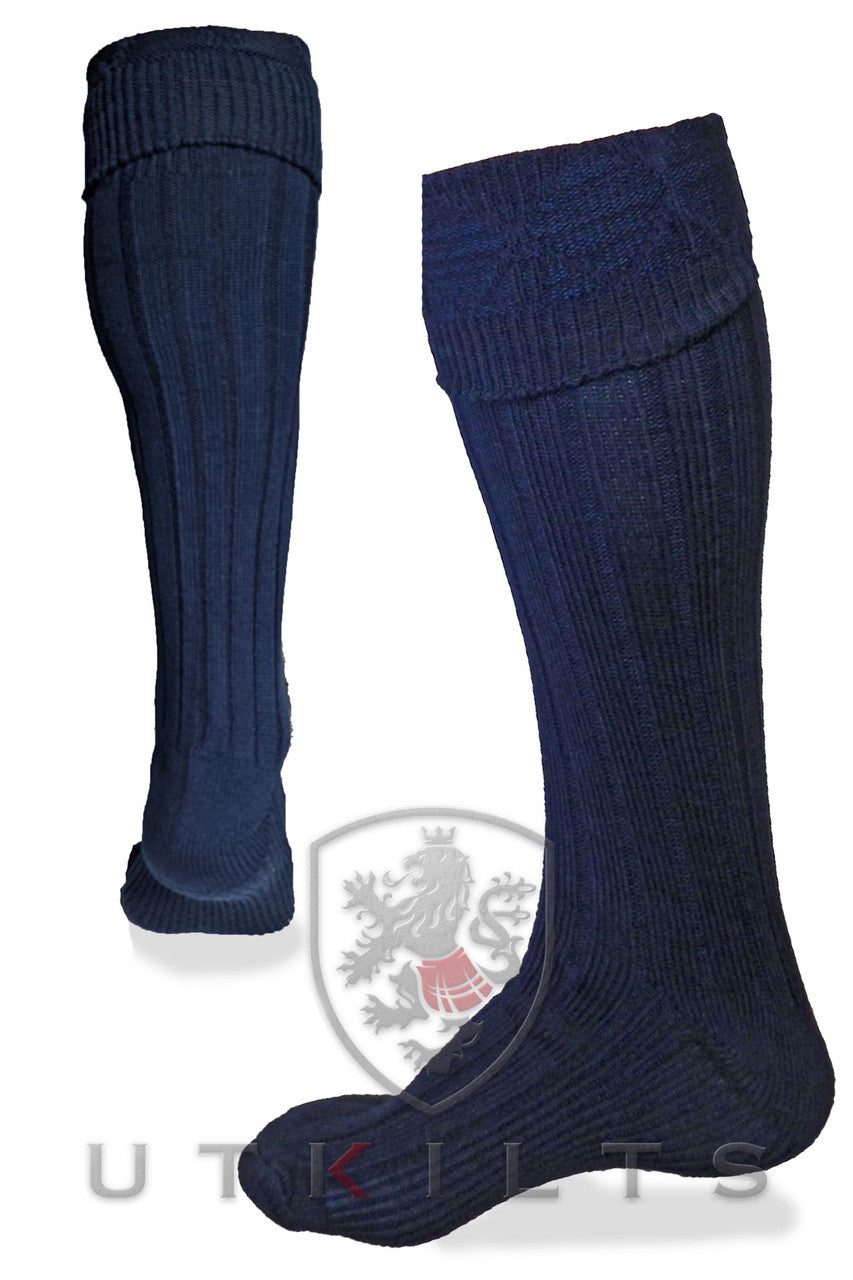 Dark Blue Kilt Hose socks adorned with the Ut Kilts logo