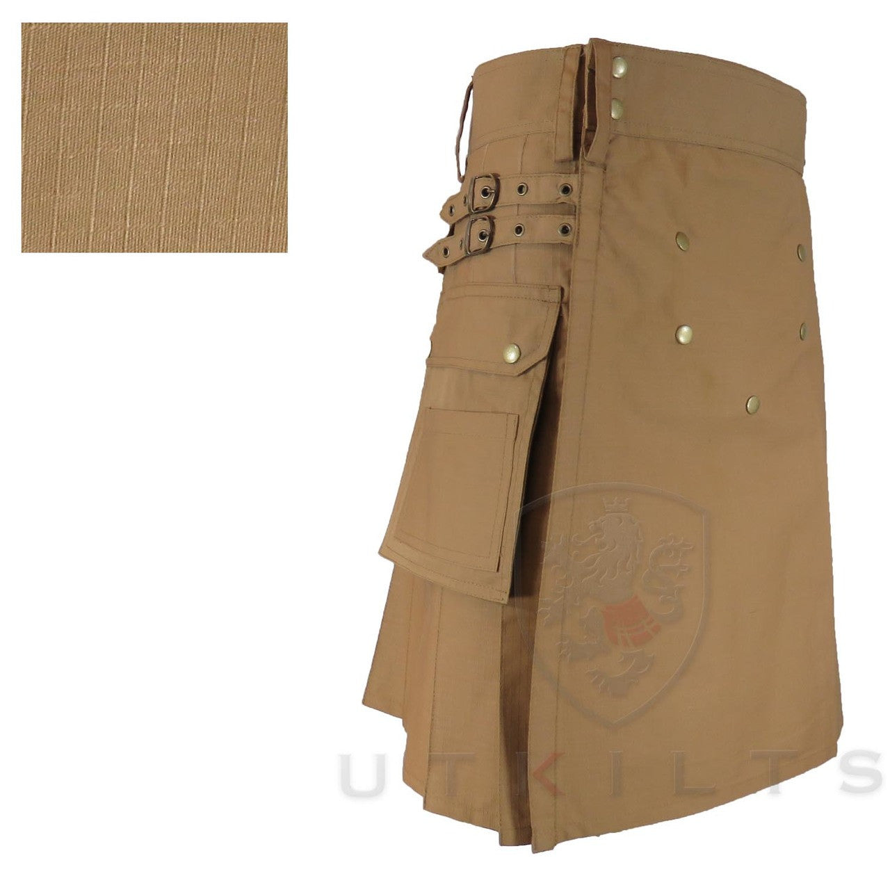Deluxe dark khaki utility kilt in tan, adorned with gold buttons and a gold buckle, made from ripstop material for durability.