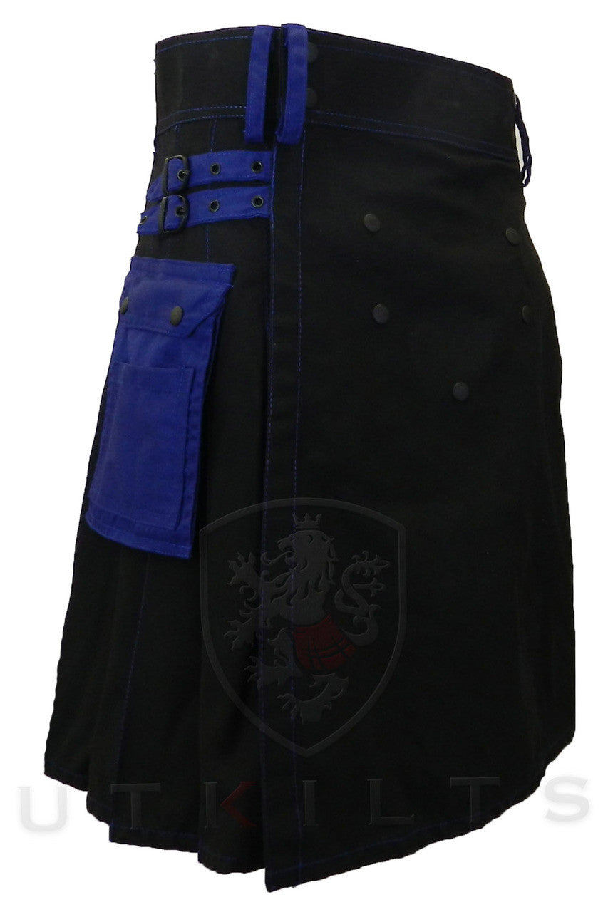 Elegant Deluxe Black Utility Kilt Galaxy Edition with distinctive blue pockets, emphasizing a modern design in black and blue.