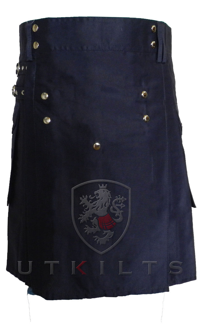 Front, studded apron, snap closure, and side buckles
Dark Blue Utility Kilt