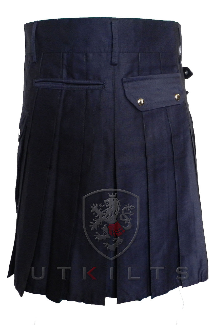 Back, two rear pockets, one with snap closure
Dark Blue Utility Kilt