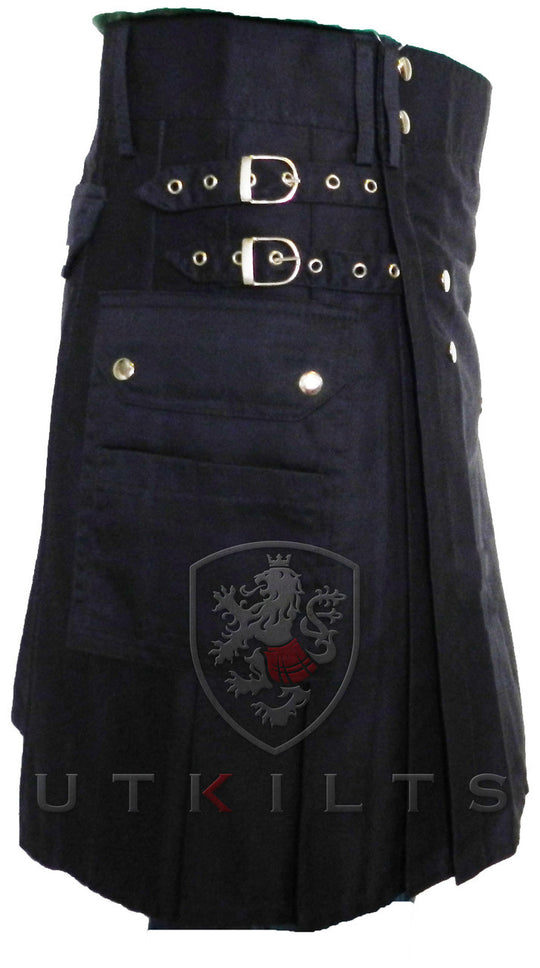 Side, large cargo pocket with dividers, and buckle straps
Dark Blue Utility Kilt