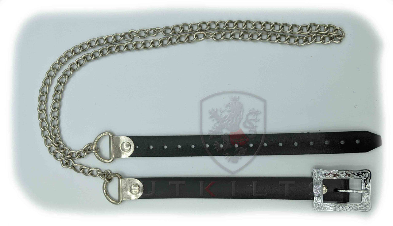 Two black leather belts featuring metal buckles, including one with a distinctive silver buckle.