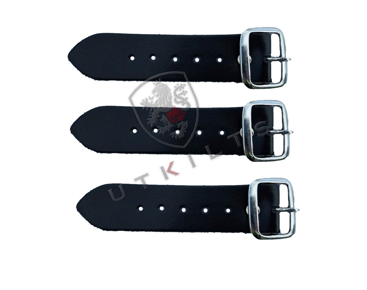 Three black leather kilt extender straps featuring silver buckles, designed for traditional Scottish attire.