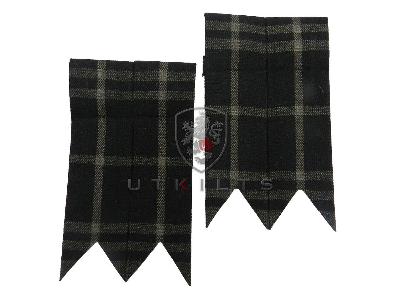 Two checkered ties in black and white with Highlander Gray Tartan Kilt Hose Flashes.