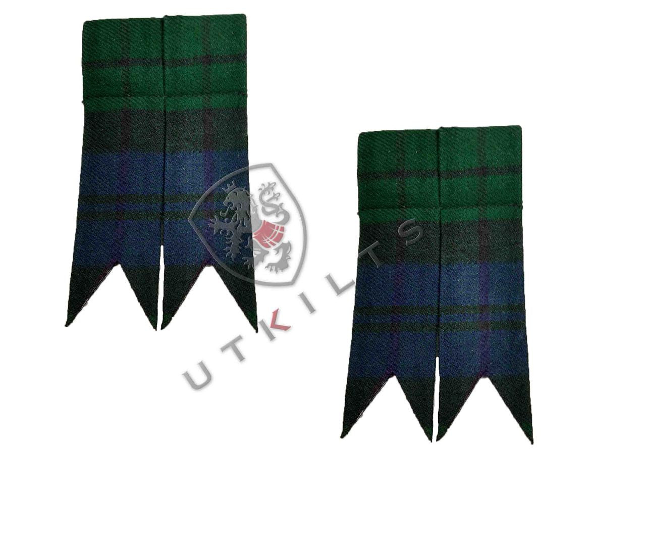 Two pairs of tartan plaid skirts featuring black and green stripes, complemented by Black Watch acrylic kilt hose flashes.