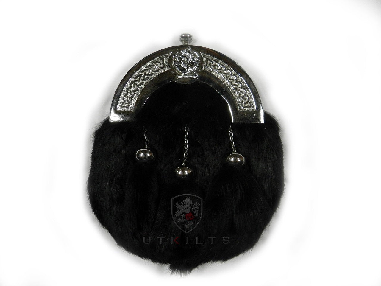 A sophisticated black fur sporran adorned with a silver buckle and chain, perfect for formal events and traditional attire.