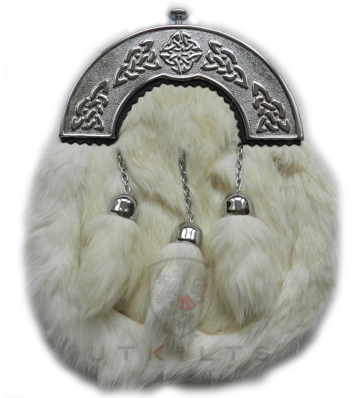 A sophisticated cream fur sporran with a silver buckle and two bells, ideal for enhancing formal attire.