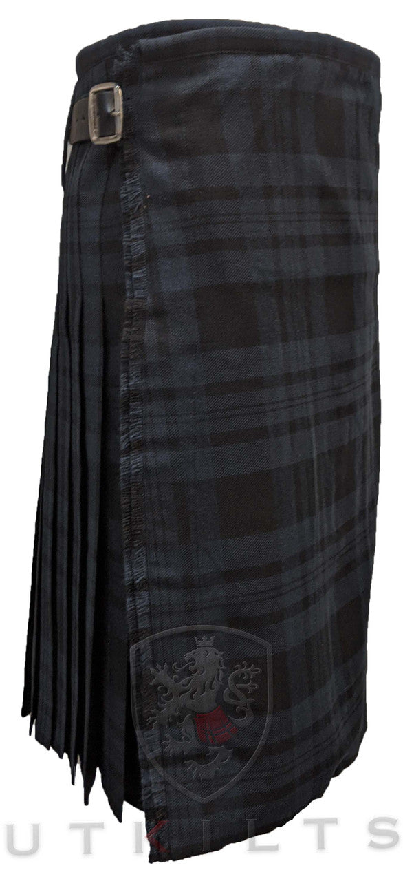 A stylish black and grey tartan kilt with a buckle, made from 16oz wool in the Standard Black Isle pattern.
