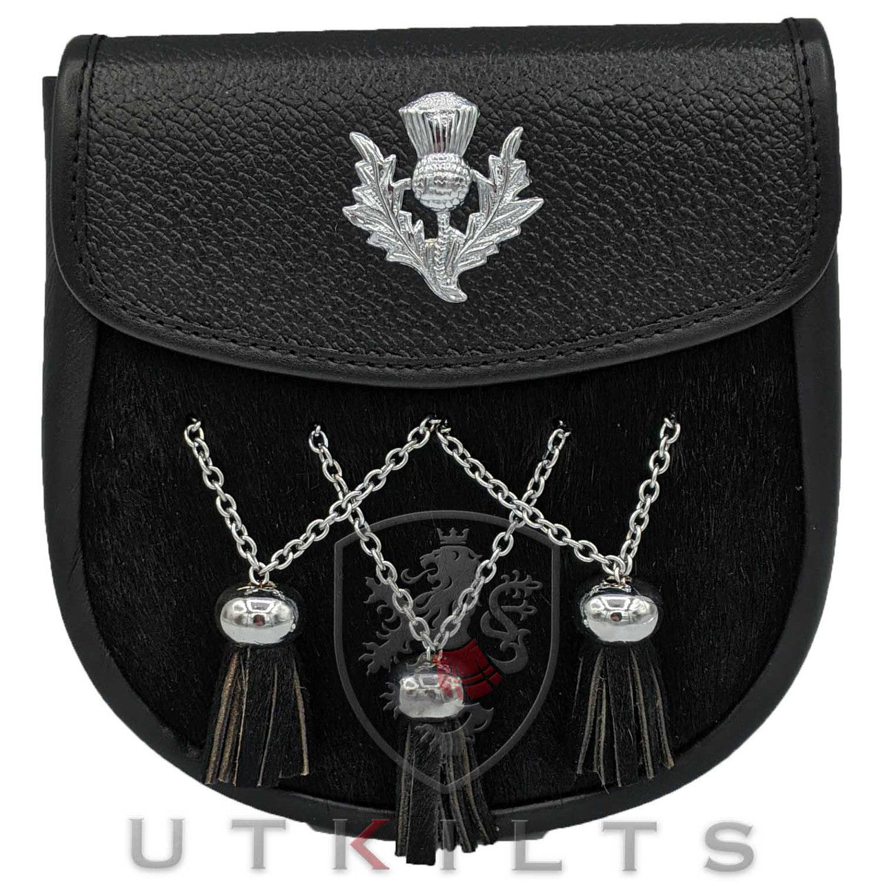 Thistle Badge V-Chain Tassels Semi Formal Black Sporran