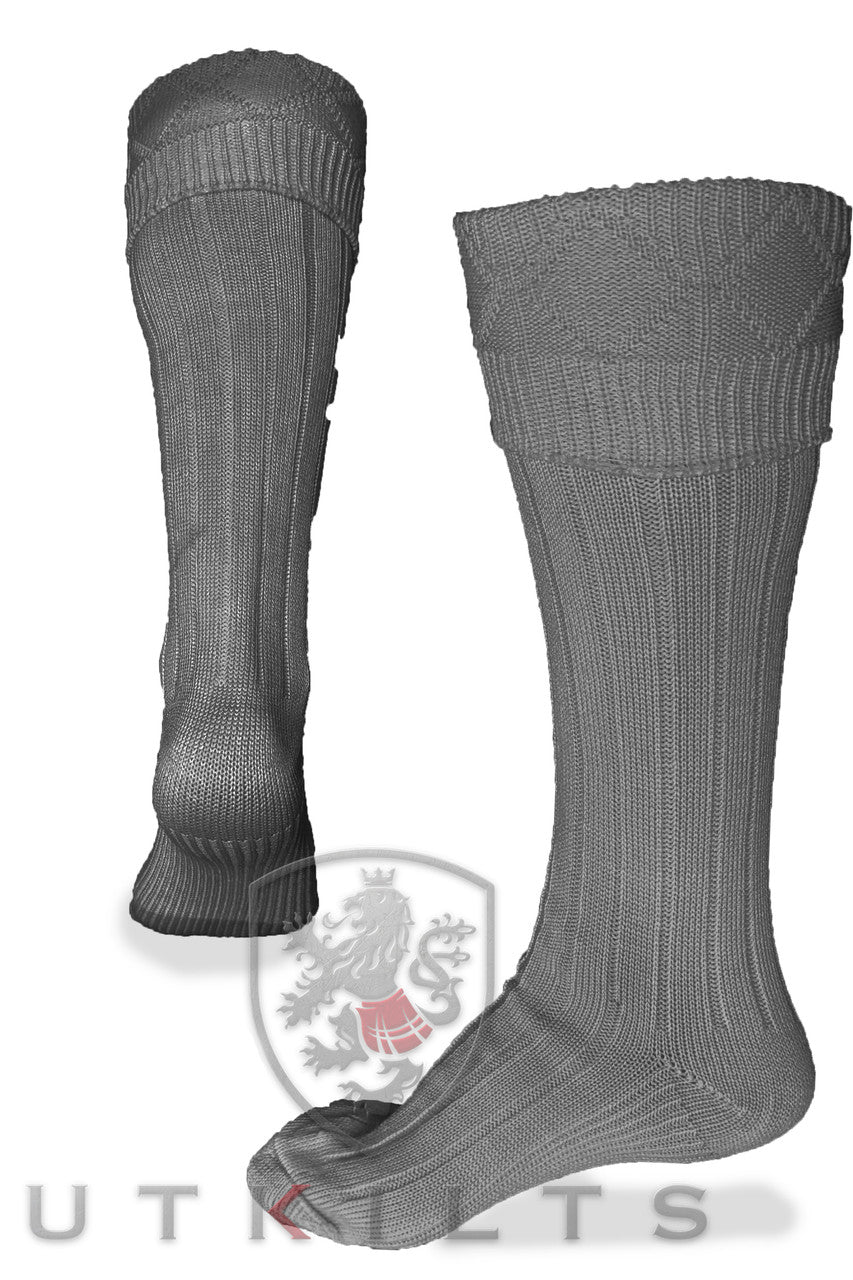 Gray Kilt Hose socks adorned with the Ut Kilts logo