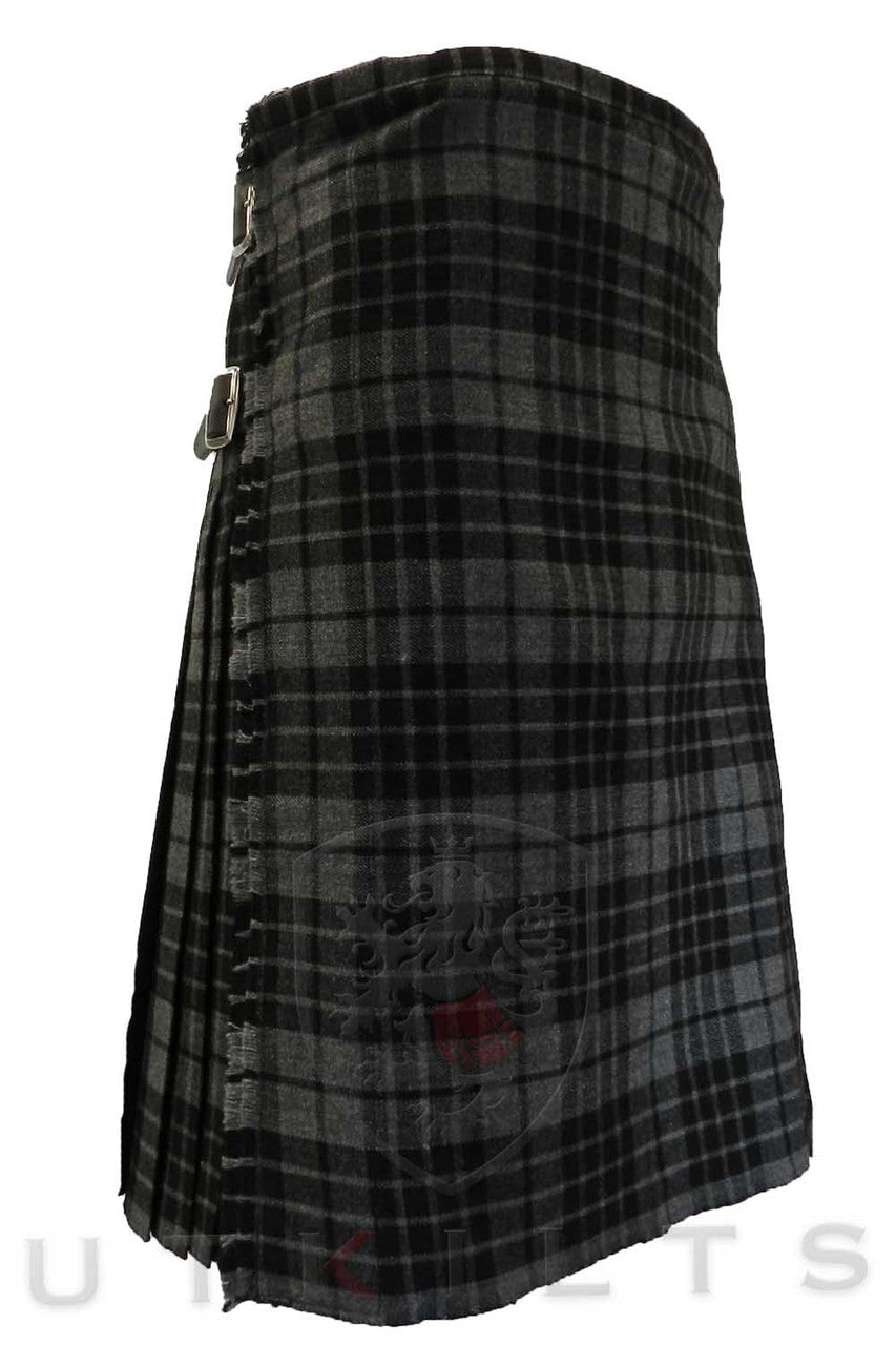 Front view of a premium gray watch traditional wool tartan kilt featuring a classic black and grey pattern.