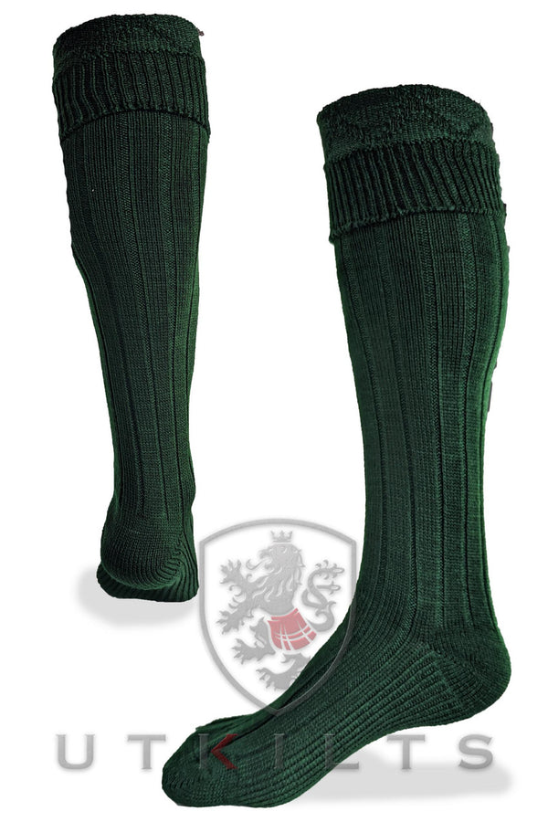 Dark Green Kilt Hose socks adorned with the Ut Kilts logo