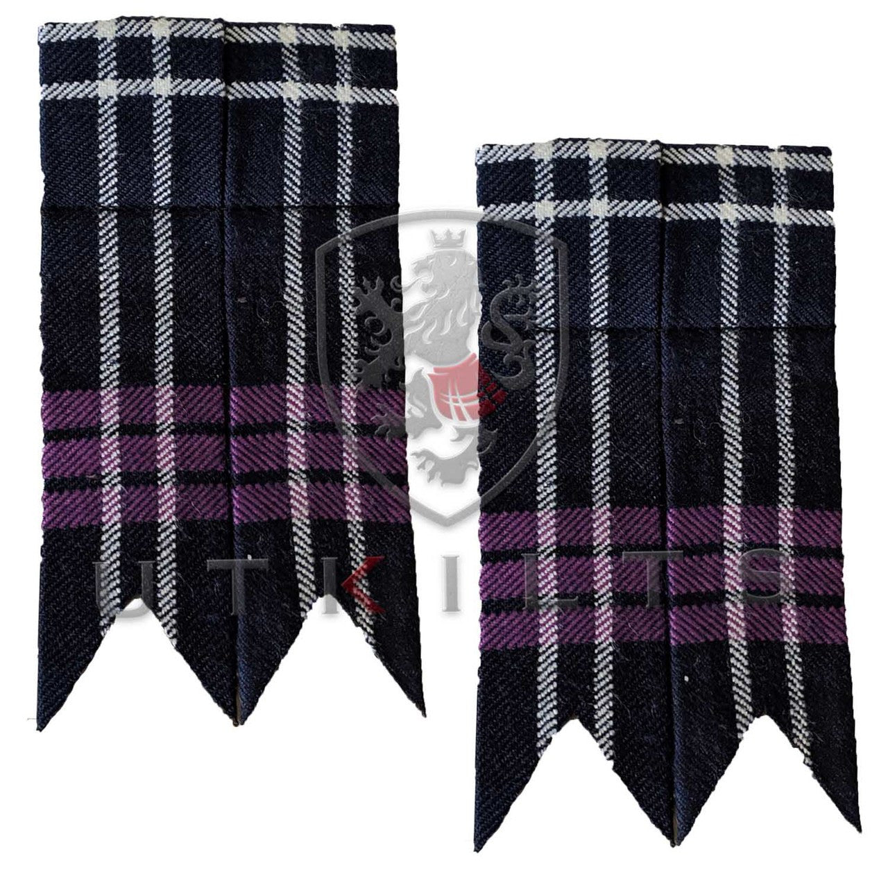 Two black and purple plaid ties with white trim, showcasing the Heritage of Scotland Tartan Kilt Hose Flashes design.