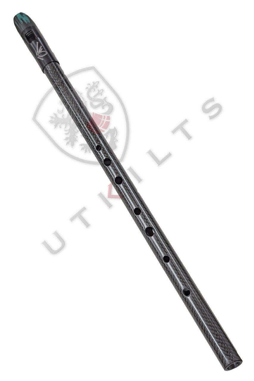 A close-up of a flute with a sleek black handle and a vibrant red tip, highlighting its artistic details.