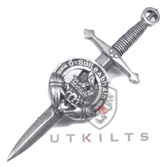 A silver metal dagger a premium kilt pin for various Irish clans.