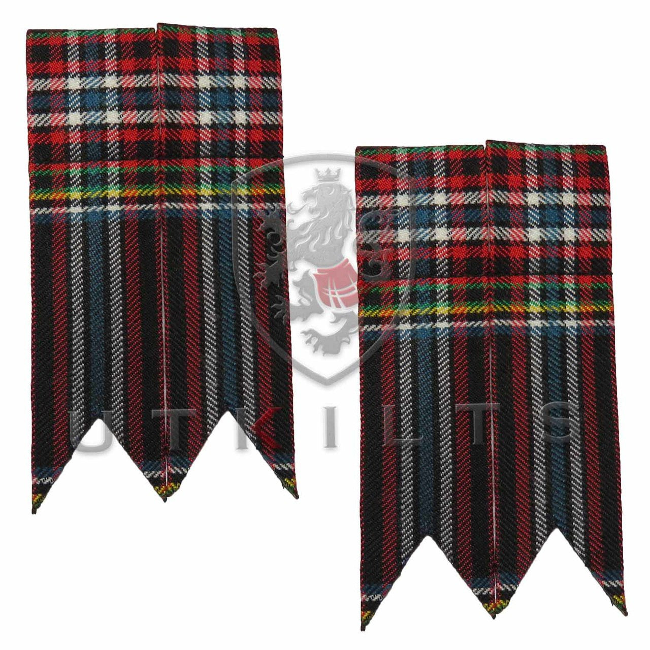 Two tartan plaid ties featuring red, green, and blue stripes, designed for New World Celt Tartan Kilt Hose Flashes.