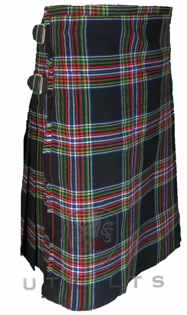 Front view of a premium 16oz wool black and red tartan kilt, complemented by a stylish black belt.