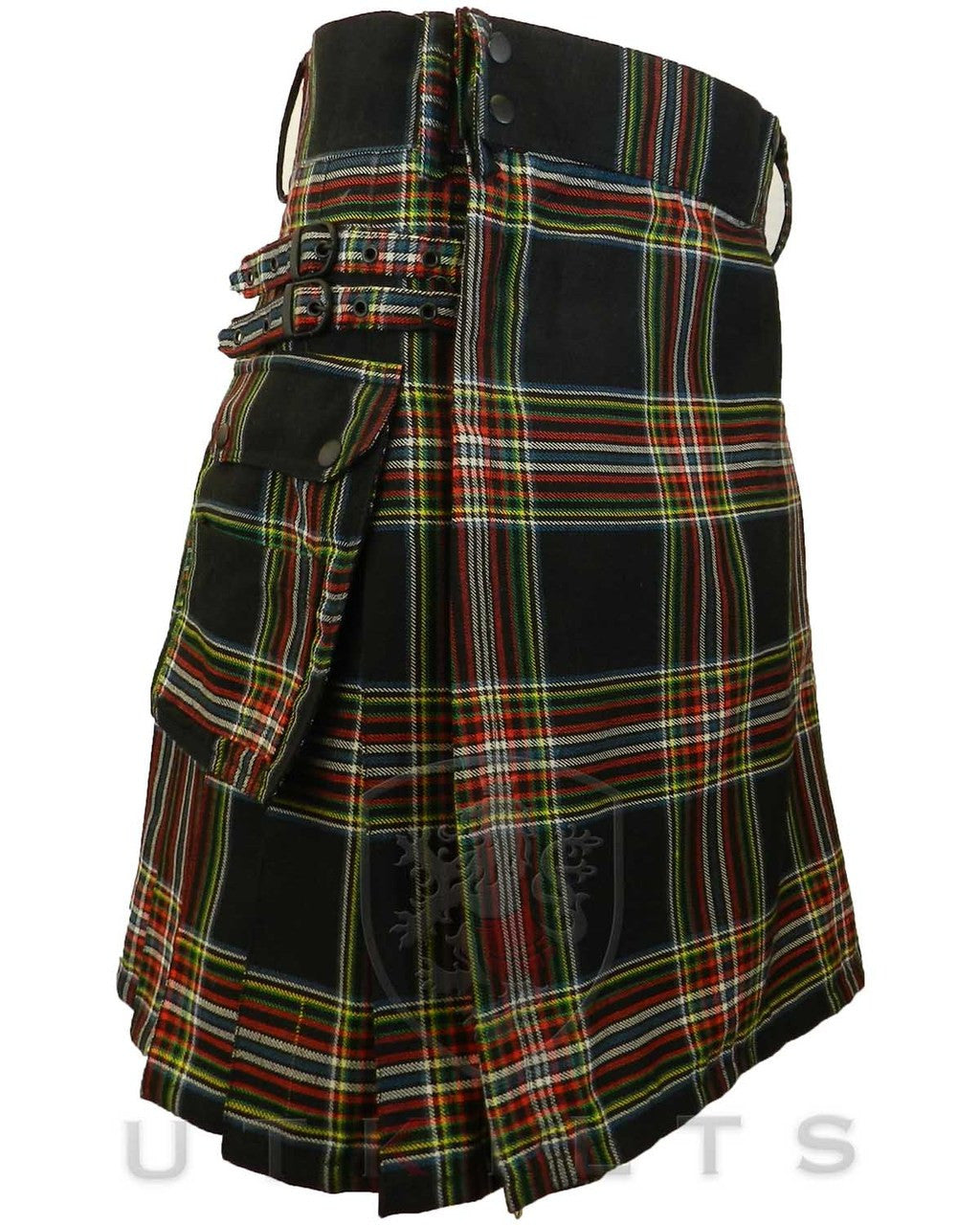 A Standard New World Celt Tartan Utility Kilt, accented with a vibrant red and green plaid pattern.