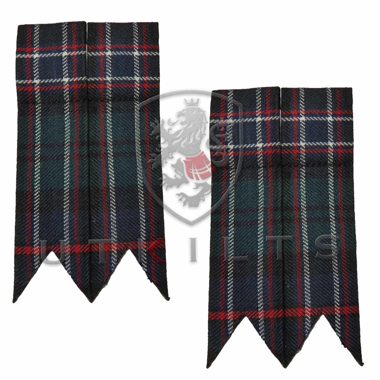 A pair of tartan plaid ties with red, green, and blue stripes, suitable for Scottish National Tartan Kilt Hose Flashes.